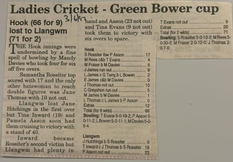 Scoresheet - Llangwm Ladies v Hook
